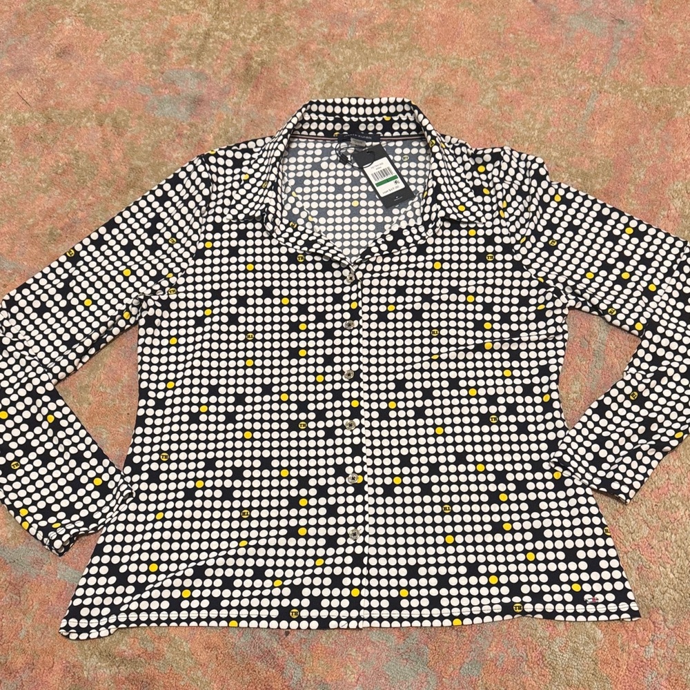 Tommy Hilfiger Button Down Navy and White Polka Dot Shirt with Yellow Accents